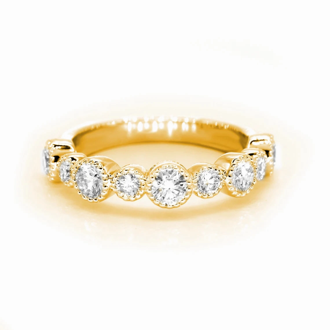 0.85 ct. Round Diamond Wedding Stackable Band, Bezel Set Milgrain Accent Ring