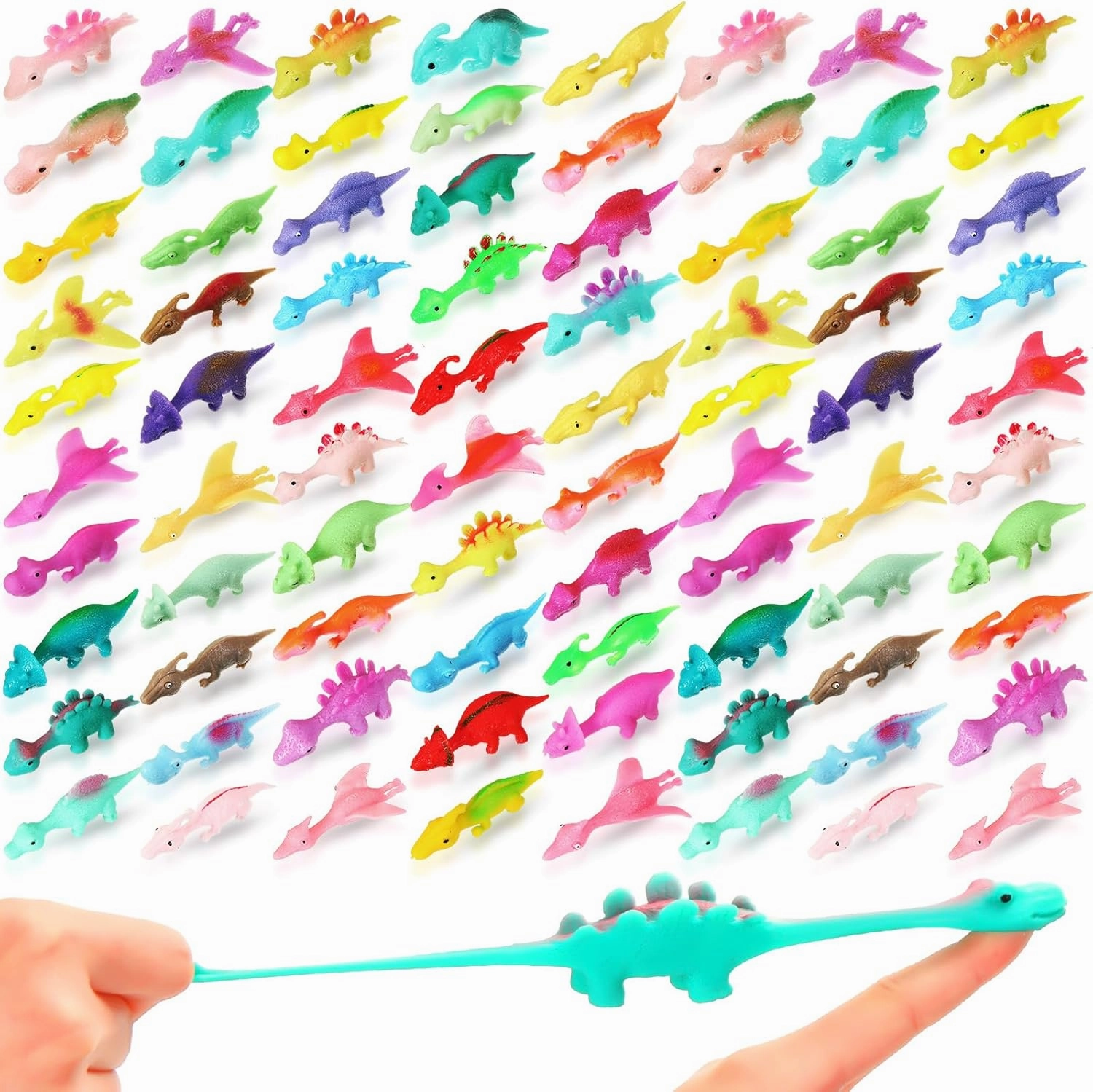 100 Pcs Mini Slingshot Dinosaur Finger Toys Rubber Stretchable Dinosaur Finger Slingshot Flying Toys for Flying Games Party Favors Easter Egg Fillers