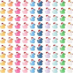 100pcs Christmas Resin Ducks, Mini Resin Ducks Decoration Little Ducks with Christmas Hat Tiny Resin Duck Miniature for Garden Landscape Dollhouse Decorations DIY Charms (Colorful)