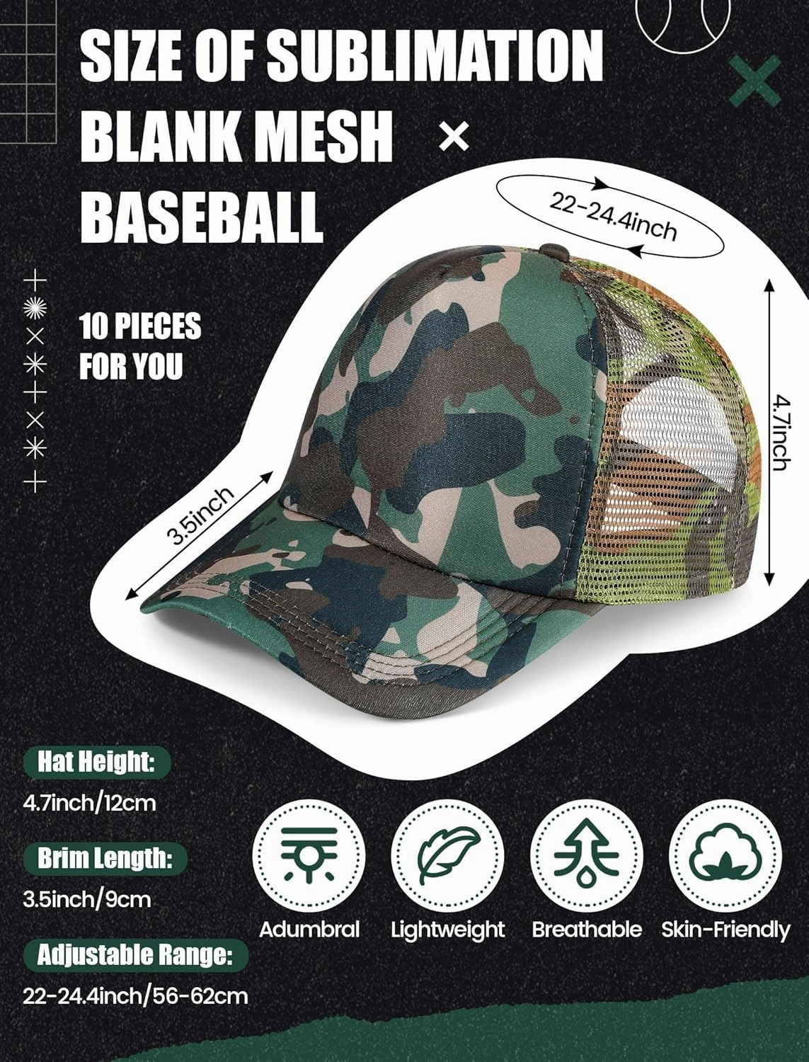 10 Pcs Sublimation Blank Trucker Hats Bulk Mesh Baseball Cap Polyester Mesh Trucker Hat for Men and Women