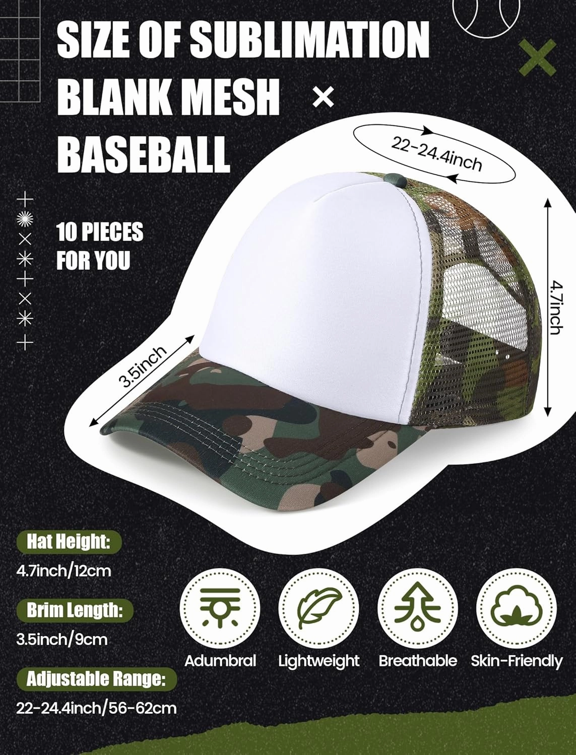 10 Pcs Sublimation Blank Trucker Hats Bulk Mesh Baseball Cap Polyester Mesh Trucker Hat for Men and Women