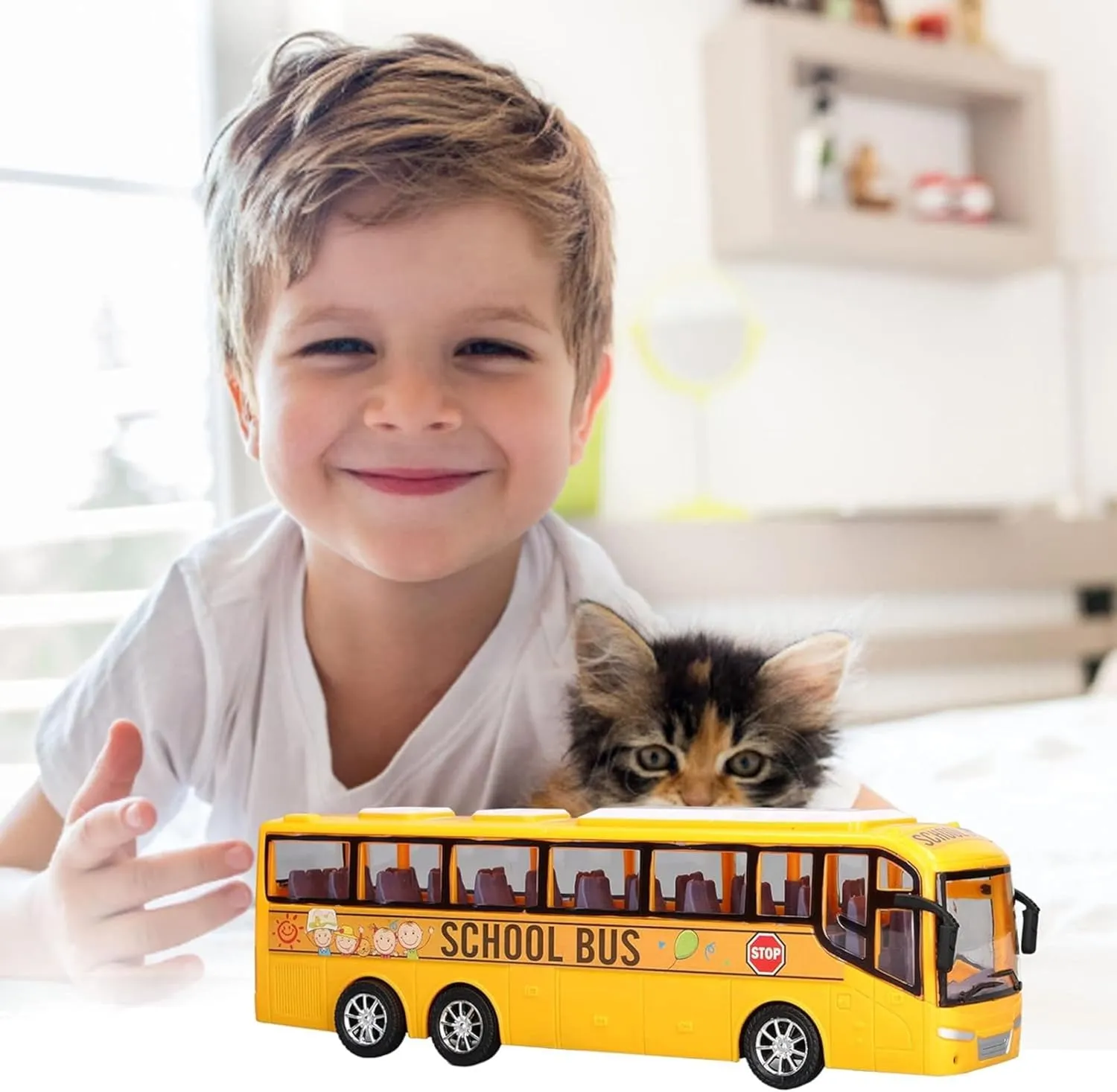 12.5" Yellow School Bus Toy for Toddlers, 1/16 Scale Die Cast Plastic Inertia City Bus Toy, Baby Bus Cars Model Toy Vehicles for Kid, Great Play Bus for Children Ages 3 