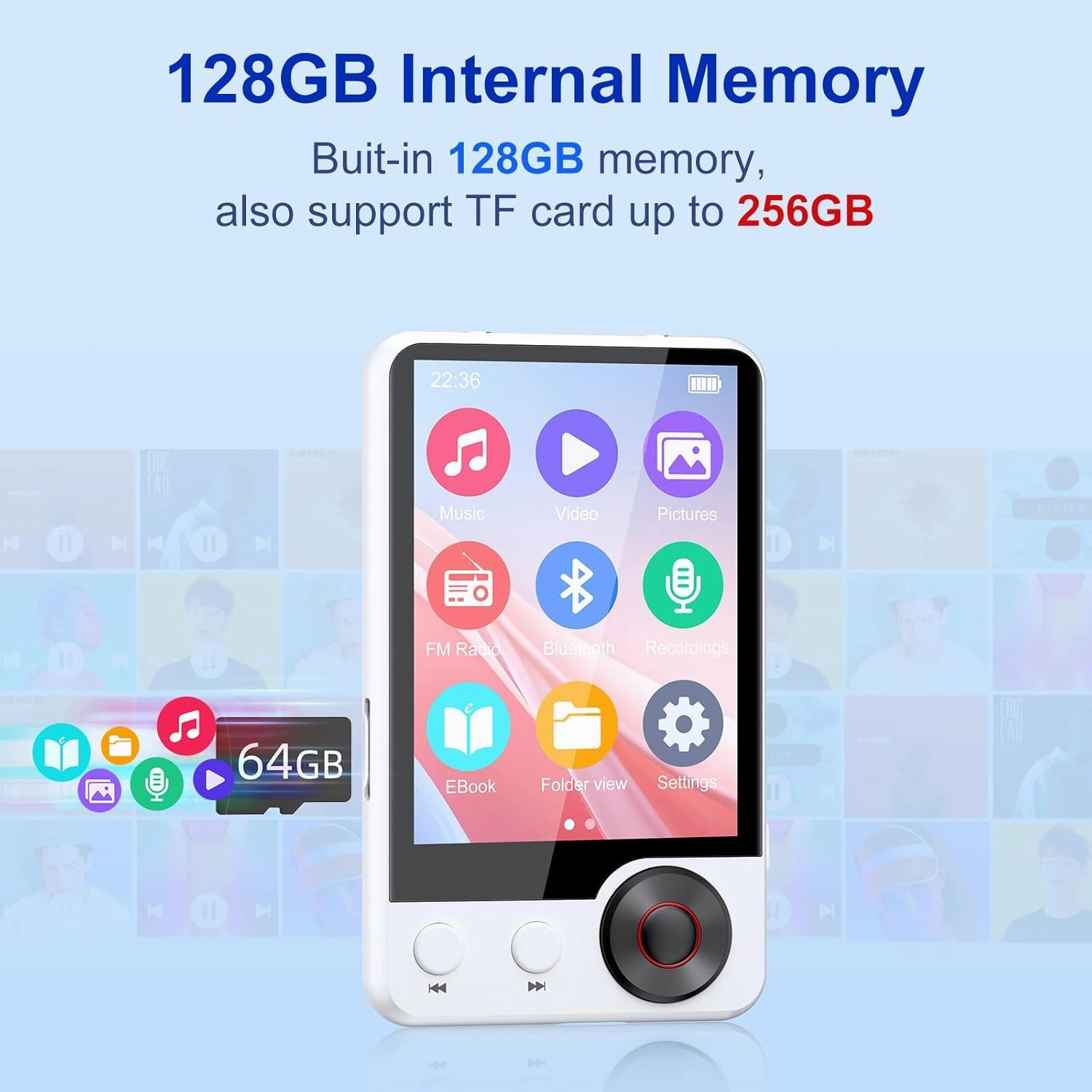128GB MP3 Player with Upgrade Bluetooth 5.3, Portable High Fidelity Lossless Music Player, 2.4IN Full Touchscreen MP3 Player with Built-in HD Speaker, Dual Headphone Ports, FM Radio, Recording, E-Book