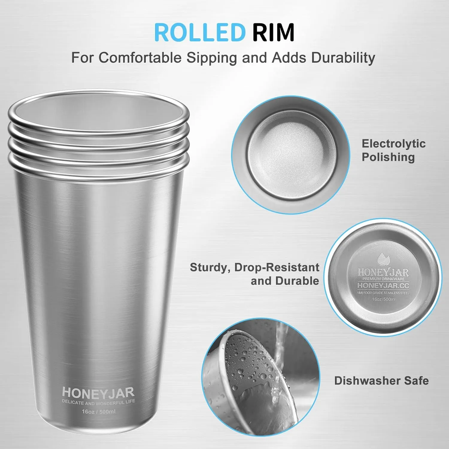 16 oz Stainless Steel Pint Cups 16oz/500ml (4 Pack), Stainless Steel Water Tumbler, Camping Stainless Steel Pint Cups, Stackable Metal Drinking Glasses, BPA Free, Stackable, Durable.