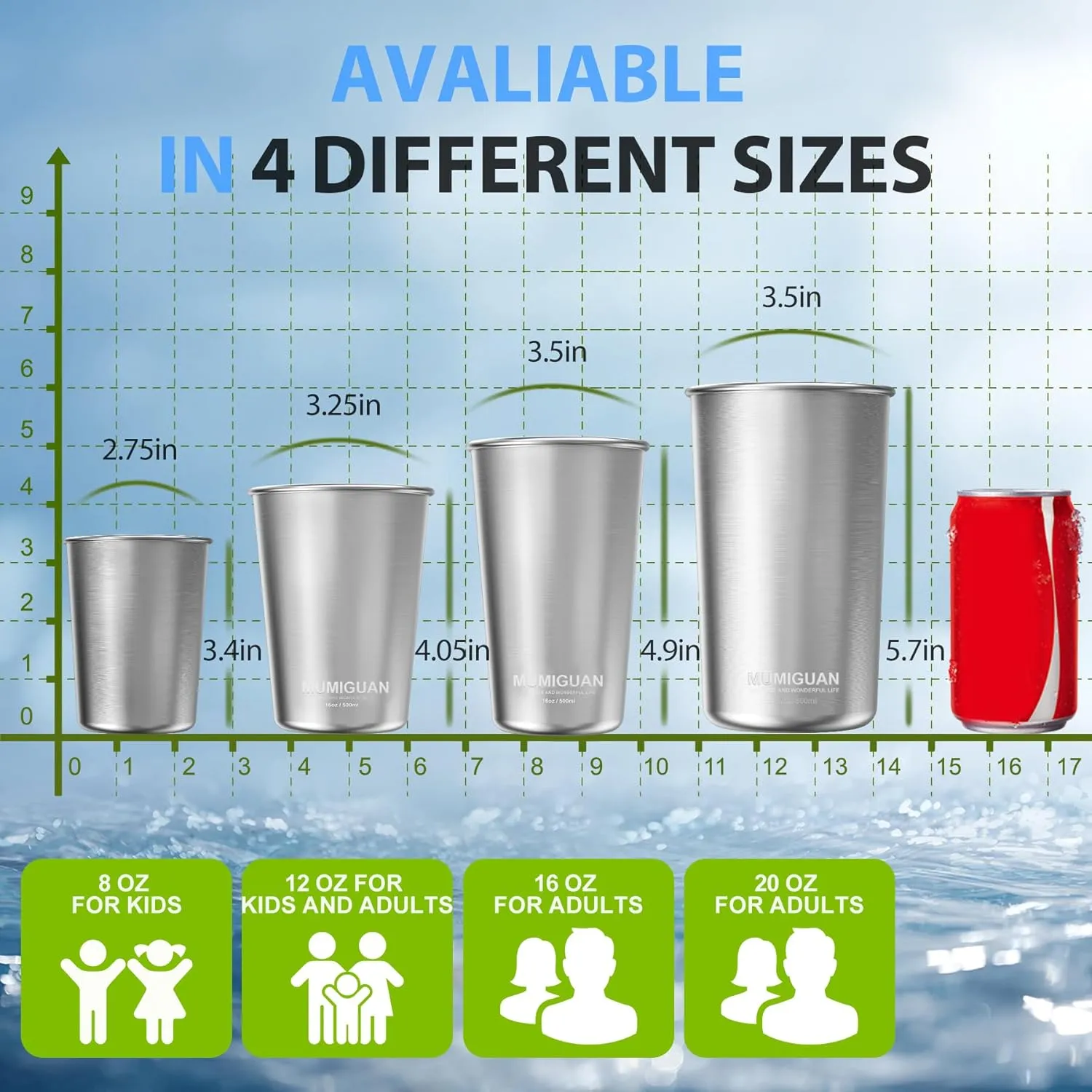16 oz Stainless Steel Pint Cups 16oz/500ml (4 Pack), Stainless Steel Water Tumbler, Camping Stainless Steel Pint Cups, Stackable Metal Drinking Glasses, BPA Free, Stackable, Durable.