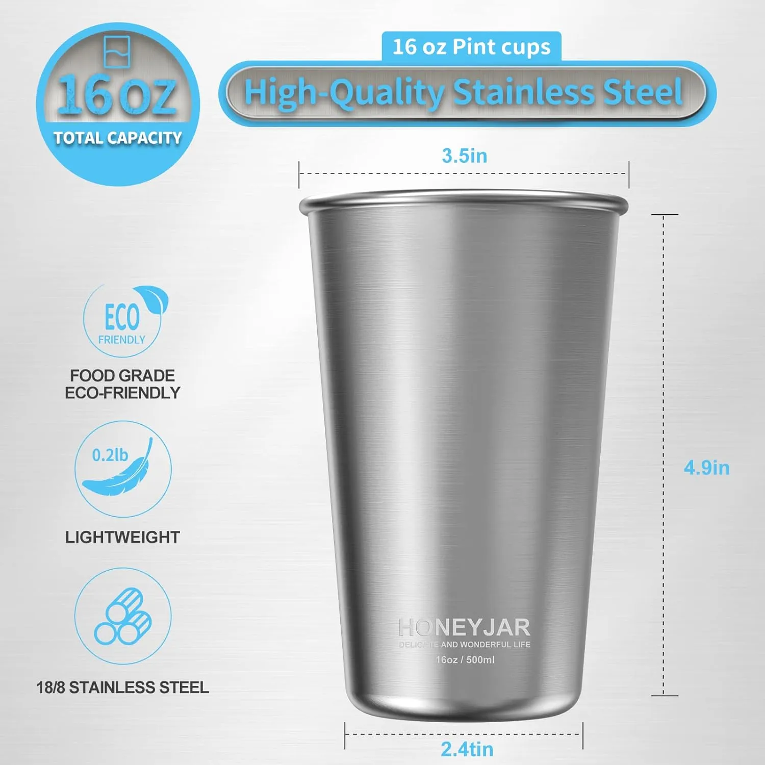 16 oz Stainless Steel Pint Cups 16oz/500ml (4 Pack), Stainless Steel Water Tumbler, Camping Stainless Steel Pint Cups, Stackable Metal Drinking Glasses, BPA Free, Stackable, Durable.