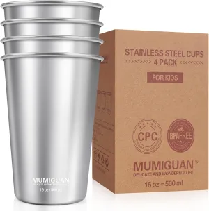 16 oz Stainless Steel Pint Cups 16oz/500ml (4 Pack), Stainless Steel Water Tumbler, Camping Stainless Steel Pint Cups, Stackable Metal Drinking Glasses, BPA Free, Stackable, Durable.