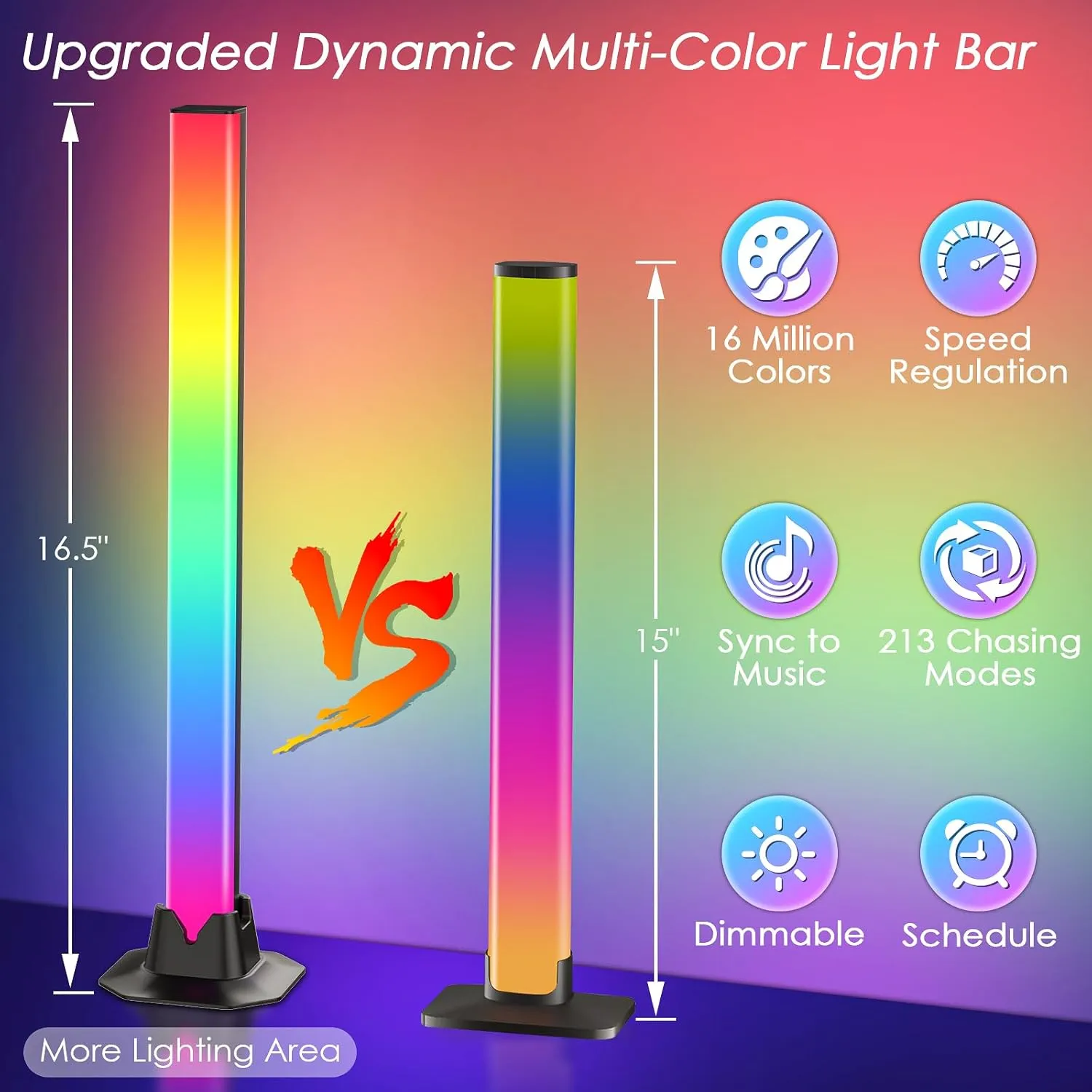 16.5" Smart Light Bar, 16 Million Colors Changing, 213 Preset & 8 Scene Modes, Music Sync, Sound Active with Bluetooth, Remote, RGB & IC Ambient Backlight for Gaming, TV, Desk, Table