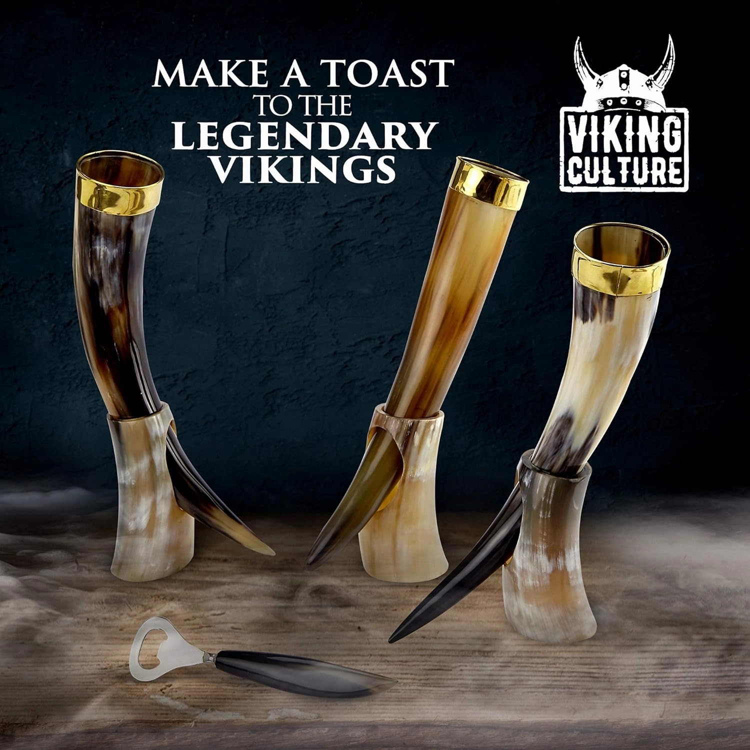 16 Oz. Viking Drinking Horn with Beer Opener, Stand, Genuine Fur Belt Holster and Vintage Burlap Bag, Polished Finished with Authentic Medieval Norse Style