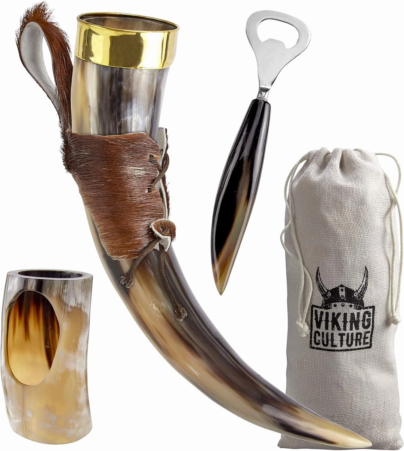 16 Oz. Viking Drinking Horn with Beer Opener, Stand, Genuine Fur Belt Holster and Vintage Burlap Bag, Polished Finished with Authentic Medieval Norse Style