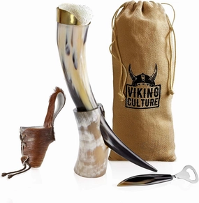 16 Oz. Viking Drinking Horn with Beer Opener, Stand, Genuine Fur Belt Holster and Vintage Burlap Bag, Polished Finished with Authentic Medieval Norse Style