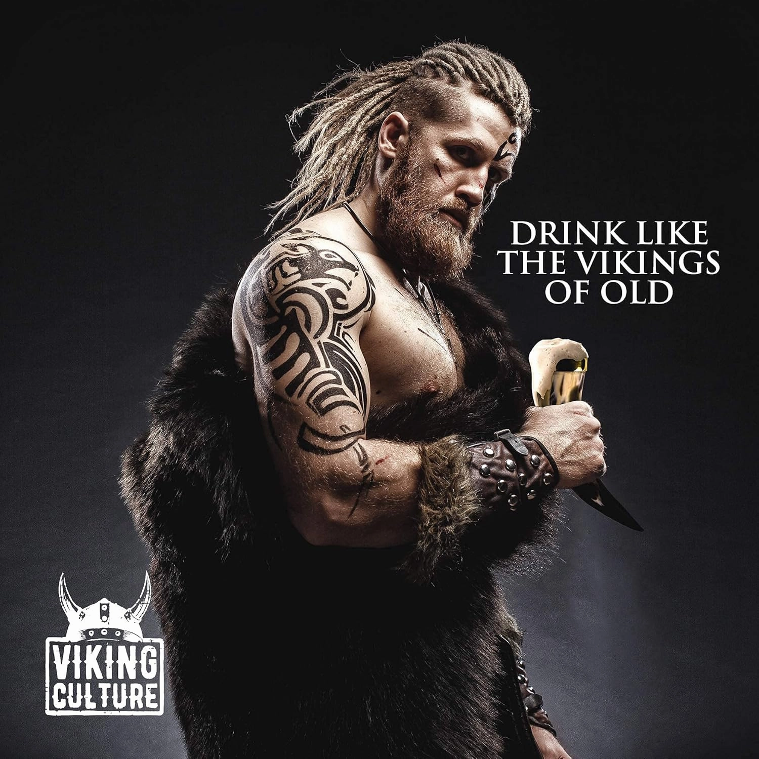 16 Oz. Viking Drinking Horn with Beer Opener, Stand, Genuine Fur Belt Holster and Vintage Burlap Bag, Polished Finished with Authentic Medieval Norse Style