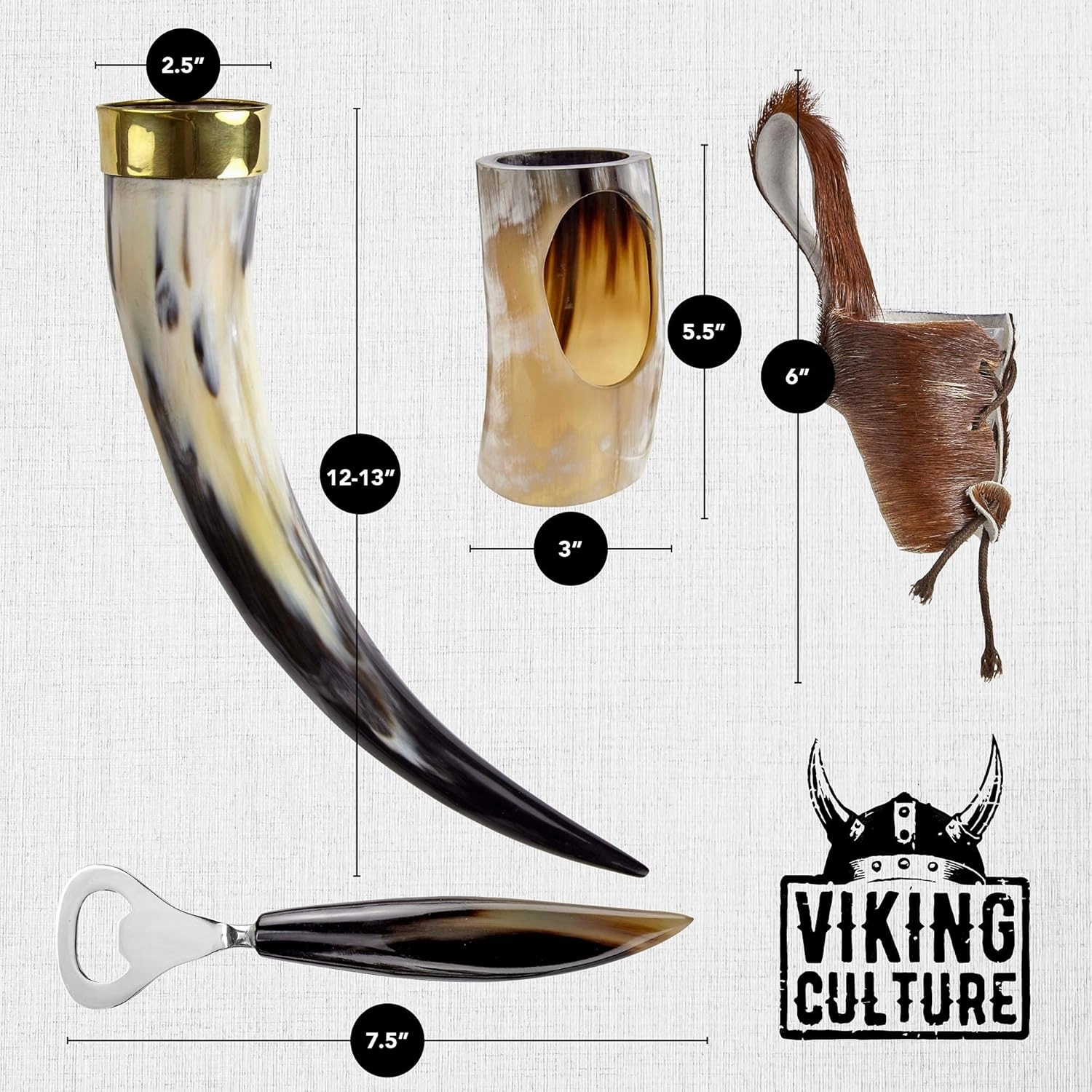 16 Oz. Viking Drinking Horn with Beer Opener, Stand, Genuine Fur Belt Holster and Vintage Burlap Bag, Polished Finished with Authentic Medieval Norse Style