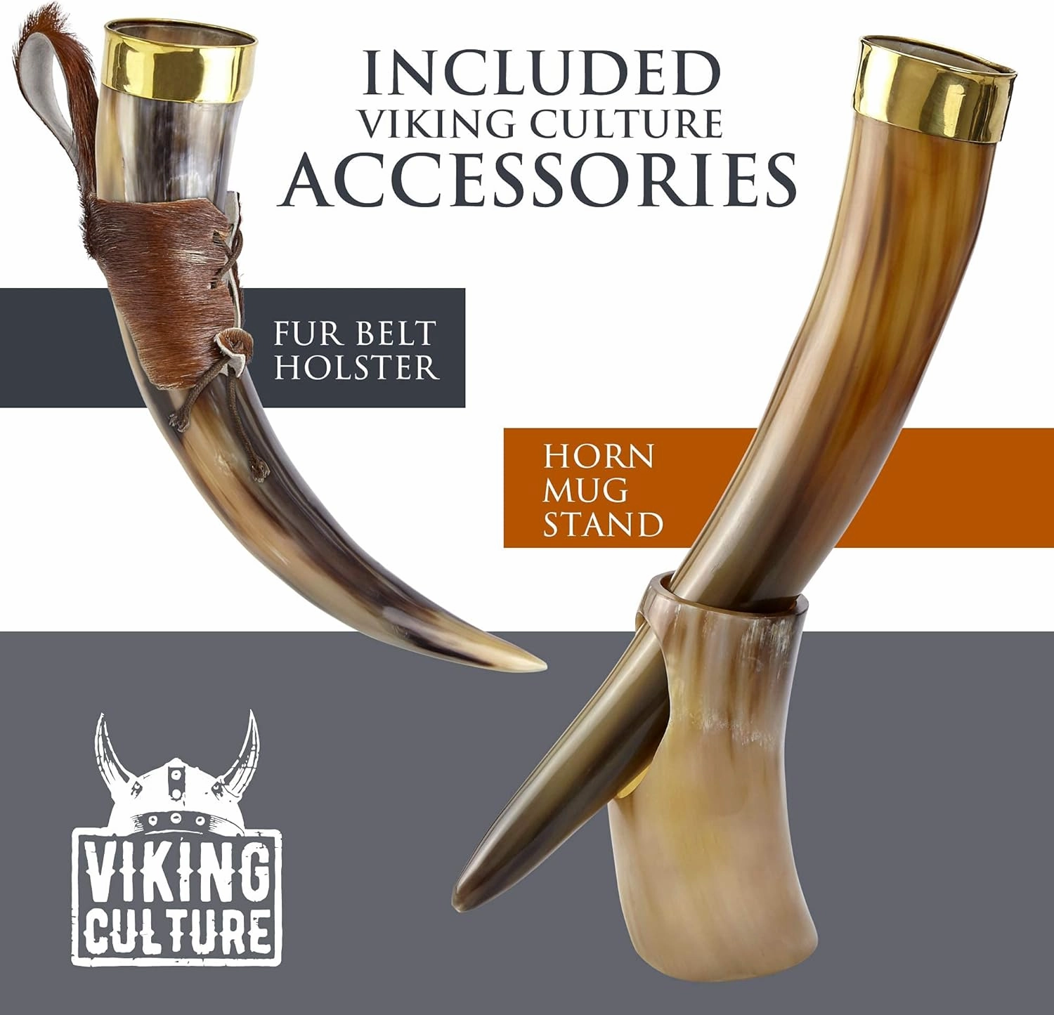 16 Oz. Viking Drinking Horn with Beer Opener, Stand, Genuine Fur Belt Holster and Vintage Burlap Bag, Polished Finished with Authentic Medieval Norse Style
