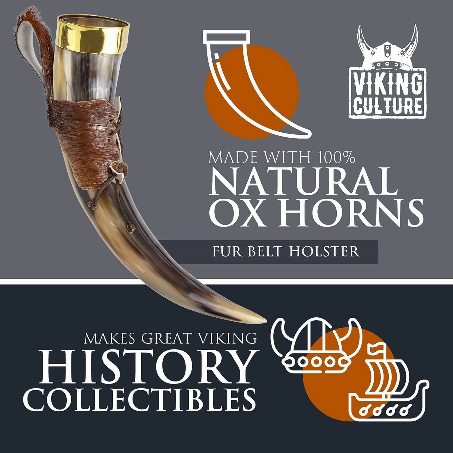16 Oz. Viking Drinking Horn with Beer Opener, Stand, Genuine Fur Belt Holster and Vintage Burlap Bag, Polished Finished with Authentic Medieval Norse Style
