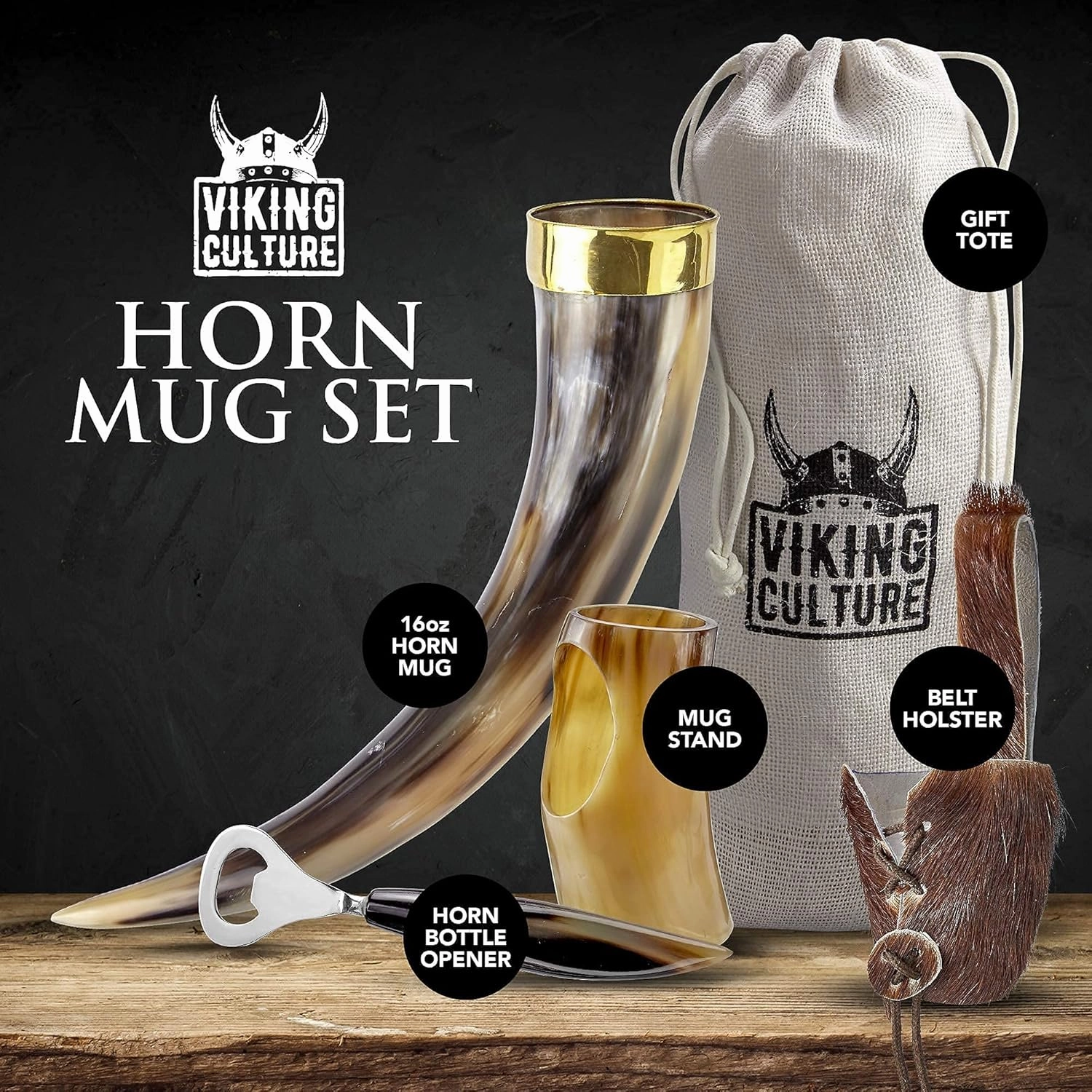 16 Oz. Viking Drinking Horn with Beer Opener, Stand, Genuine Fur Belt Holster and Vintage Burlap Bag, Polished Finished with Authentic Medieval Norse Style