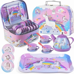 19Pcs Unicorn Toys Tea Party Set for Little Girls, Birthday Gift for Age 3 4 5 6 Year Old, Princess Tea Time Set Toys for Little Girls, Kids Toddlers Kitchen Pretend Toy with Tin Tea Set