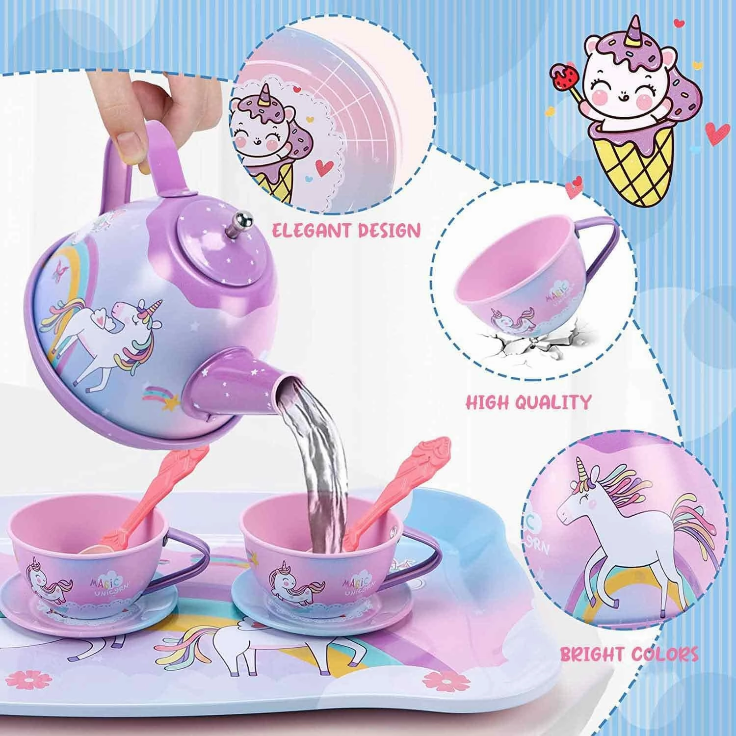 19Pcs Unicorn Toys Tea Party Set for Little Girls, Birthday Gift for Age 3 4 5 6 Year Old, Princess Tea Time Set Toys for Little Girls, Kids Toddlers Kitchen Pretend Toy with Tin Tea Set