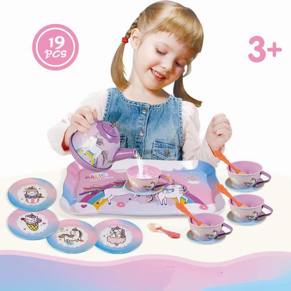 19Pcs Unicorn Toys Tea Party Set for Little Girls, Birthday Gift for Age 3 4 5 6 Year Old, Princess Tea Time Set Toys for Little Girls, Kids Toddlers Kitchen Pretend Toy with Tin Tea Set