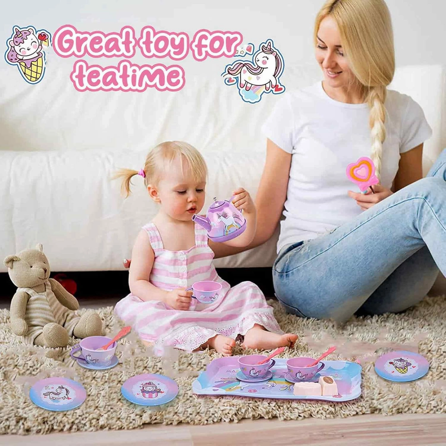 19Pcs Unicorn Toys Tea Party Set for Little Girls, Birthday Gift for Age 3 4 5 6 Year Old, Princess Tea Time Set Toys for Little Girls, Kids Toddlers Kitchen Pretend Toy with Tin Tea Set