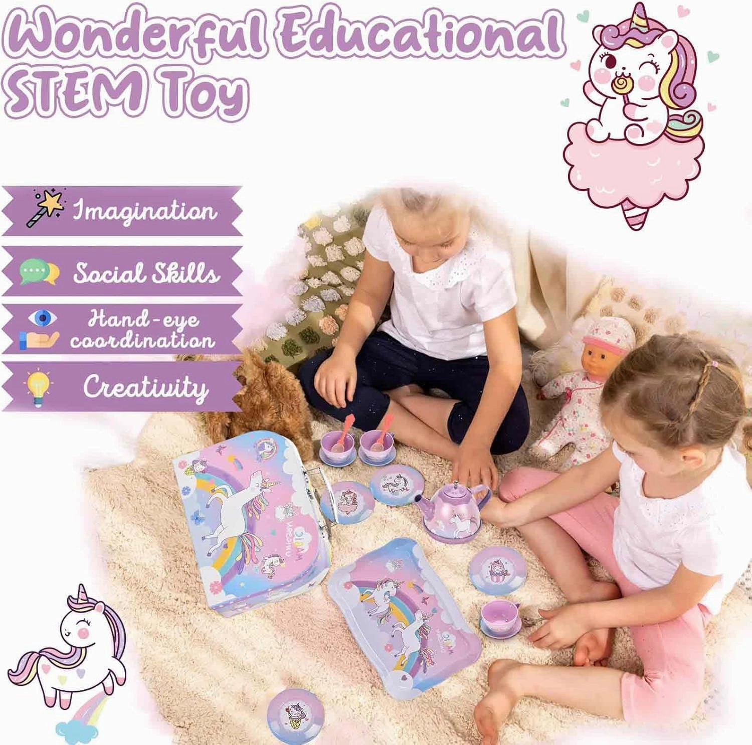 19Pcs Unicorn Toys Tea Party Set for Little Girls, Birthday Gift for Age 3 4 5 6 Year Old, Princess Tea Time Set Toys for Little Girls, Kids Toddlers Kitchen Pretend Toy with Tin Tea Set