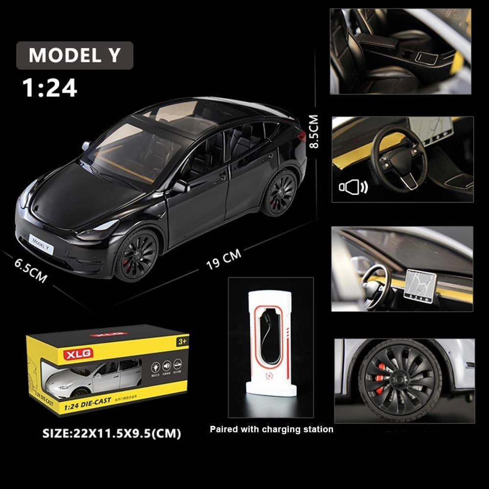 1/24 Model Y Toy Car, Alloy Diecast with Light, Pull Back & Big Size, Perfect for Kids & Adults, Birthday Gift (Black)