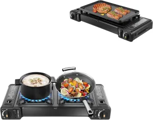 2-in-1 Portable Camping Stove & Butane Grill with 7848 BTUs, Piezoelectric Ignition, Wind Guards, Storage Case, and Non-Stick Griddle, Ideal for Camping, Tailgating, and BBQ