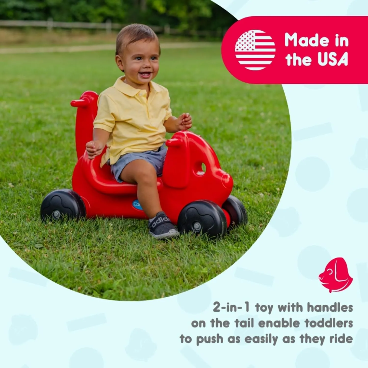 2-in-1 Puppy Push & Ride-on Toy, Indoor & Outdoor Use, Low Profile Seat, Recommended for Children up to 50lbs, Durable Construction, Made in The USA (Red)