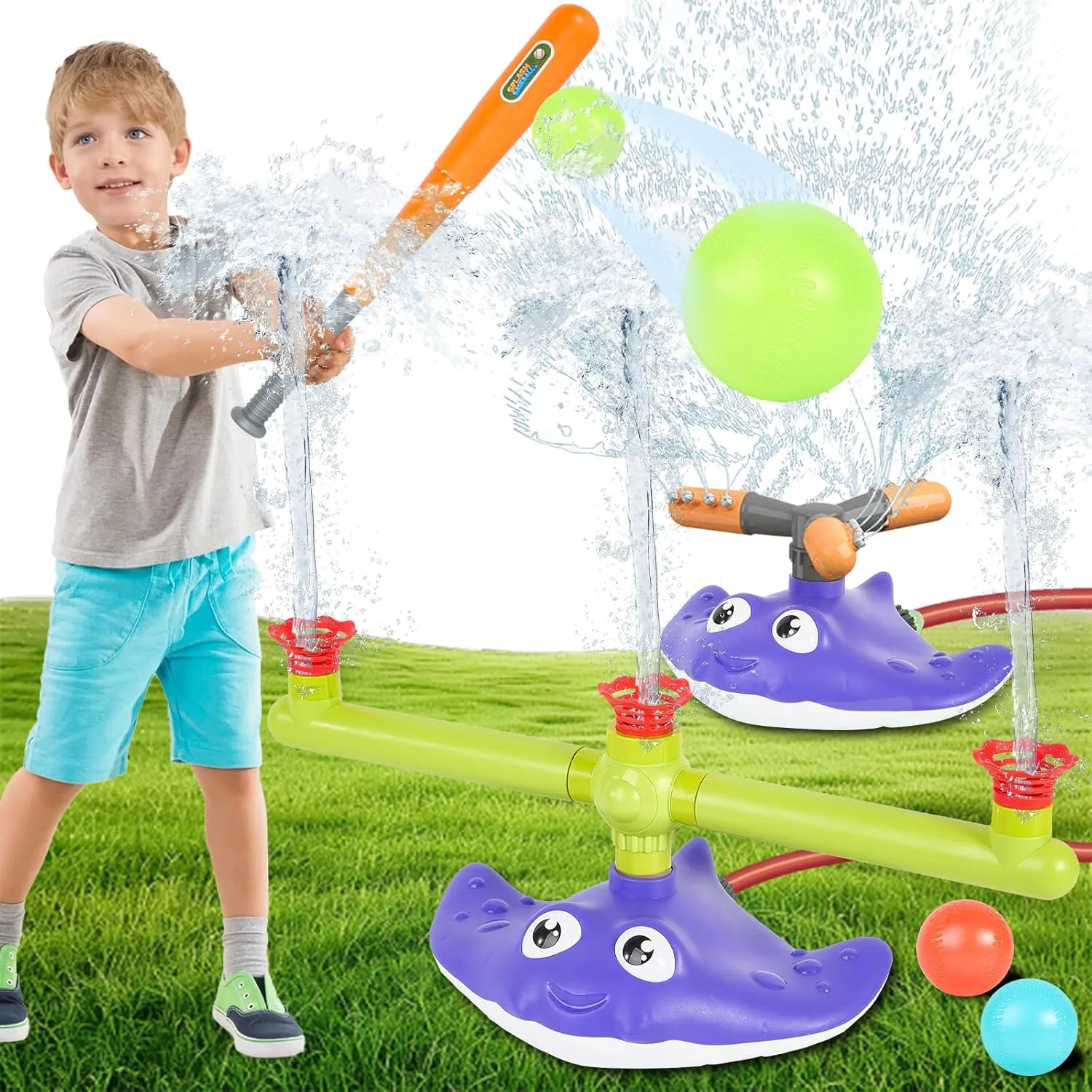 2-in-1 Water Sprinkler Baseball Toy Set for Kids, Summer Outdoor Water Game with 2 Sprinkler Heads, 360° Rotating Sprinkler for Backyard Summer Fun