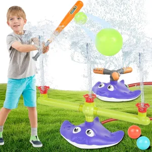 2-in-1 Water Sprinkler Baseball Toy Set for Kids, Summer Outdoor Water Game with 2 Sprinkler Heads, 360° Rotating Sprinkler for Backyard Summer Fun