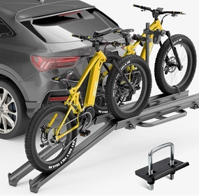 200 LBS Capacity 2 EBike Rack up to 5", Foldable & Lockable Bike Racks with Ramp, Fat Tire Carrier, Electric Bicycles Racks Platform for Standard, Fits 2" Hitch for SUVs Cars Trucks Vans