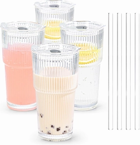 20 oz 4 Pcs Drinking Glass Set with Straw and Lid Vertical Stripes Ribbed Iced Coffee Mugs Vintage Glass Cup for Tea Juice Soda Smoothie(Ribbed A*4 with Lid)