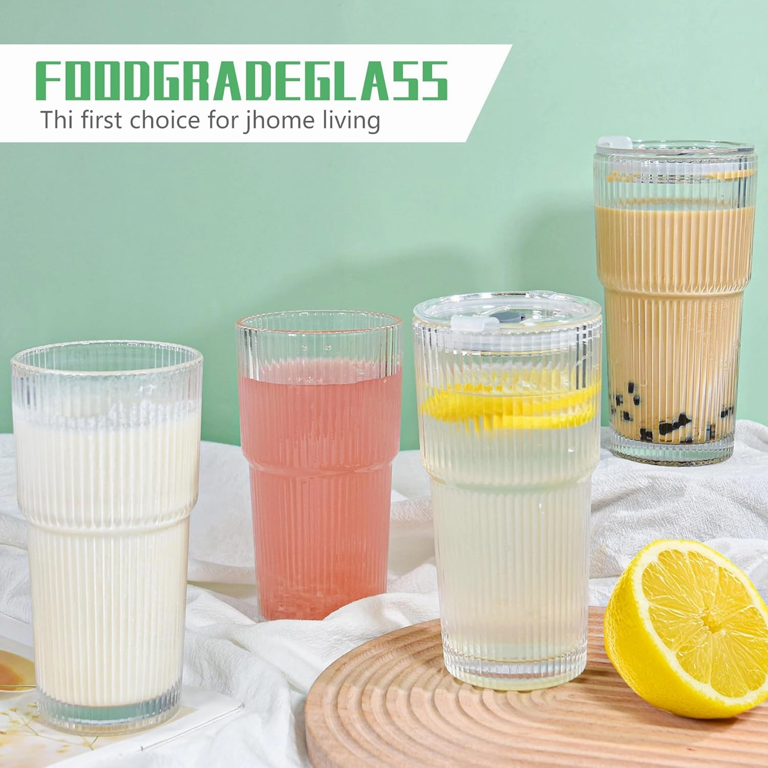 20 oz 4 Pcs Drinking Glass Set with Straw and Lid Vertical Stripes Ribbed Iced Coffee Mugs Vintage Glass Cup for Tea Juice Soda Smoothie(Ribbed A*4 with Lid)