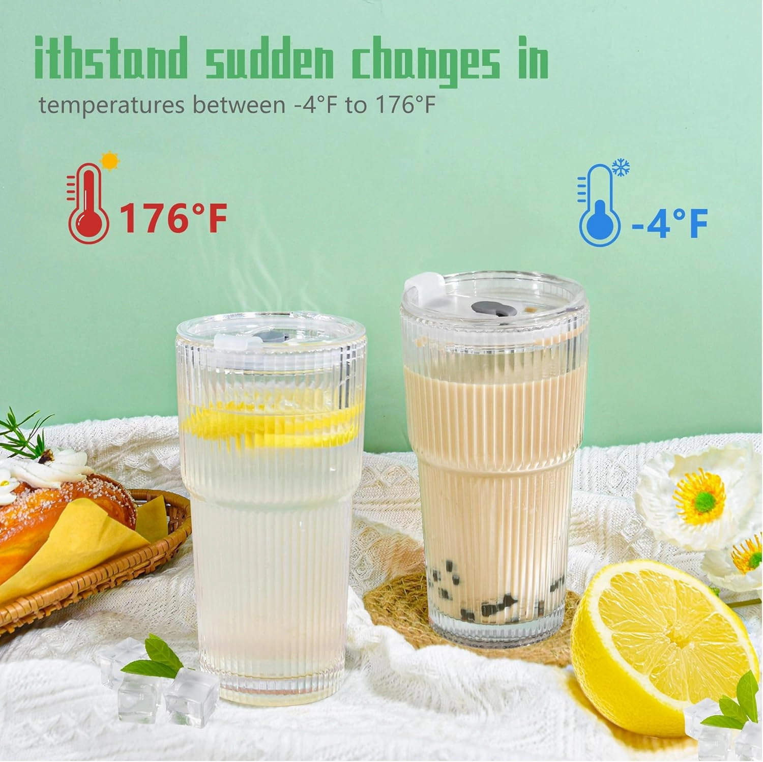 20 oz 4 Pcs Drinking Glass Set with Straw and Lid Vertical Stripes Ribbed Iced Coffee Mugs Vintage Glass Cup for Tea Juice Soda Smoothie(Ribbed A*4 with Lid)