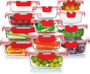 24 Pieces Glass Food Storage Containers Set,Glass Meal Prep Containers-Stackable Airtight Glass Storage Containers with lids,Freezer, Microwave, Oven Safe,Red
