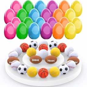 24 Pcs Prefilled Easter Eggs for Kids with Sports Stress Balls Squishy Toy, Easter Basket Stuffer Filler, Ball Games and Prizes, Easter Party Favor Football Basketball Soccer Baseballs Tennis