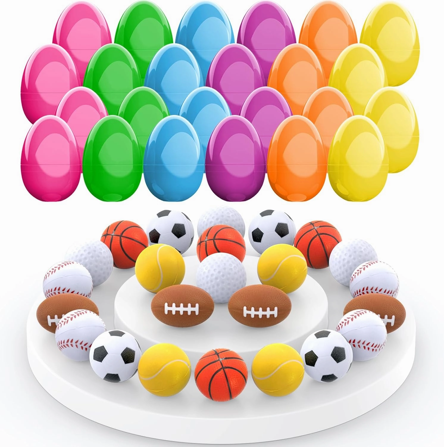 24 Pcs Prefilled Easter Eggs for Kids with Sports Stress Balls Squishy Toy, Easter Basket Stuffer Filler, Ball Games and Prizes, Easter Party Favor Football Basketball Soccer Baseballs Tennis