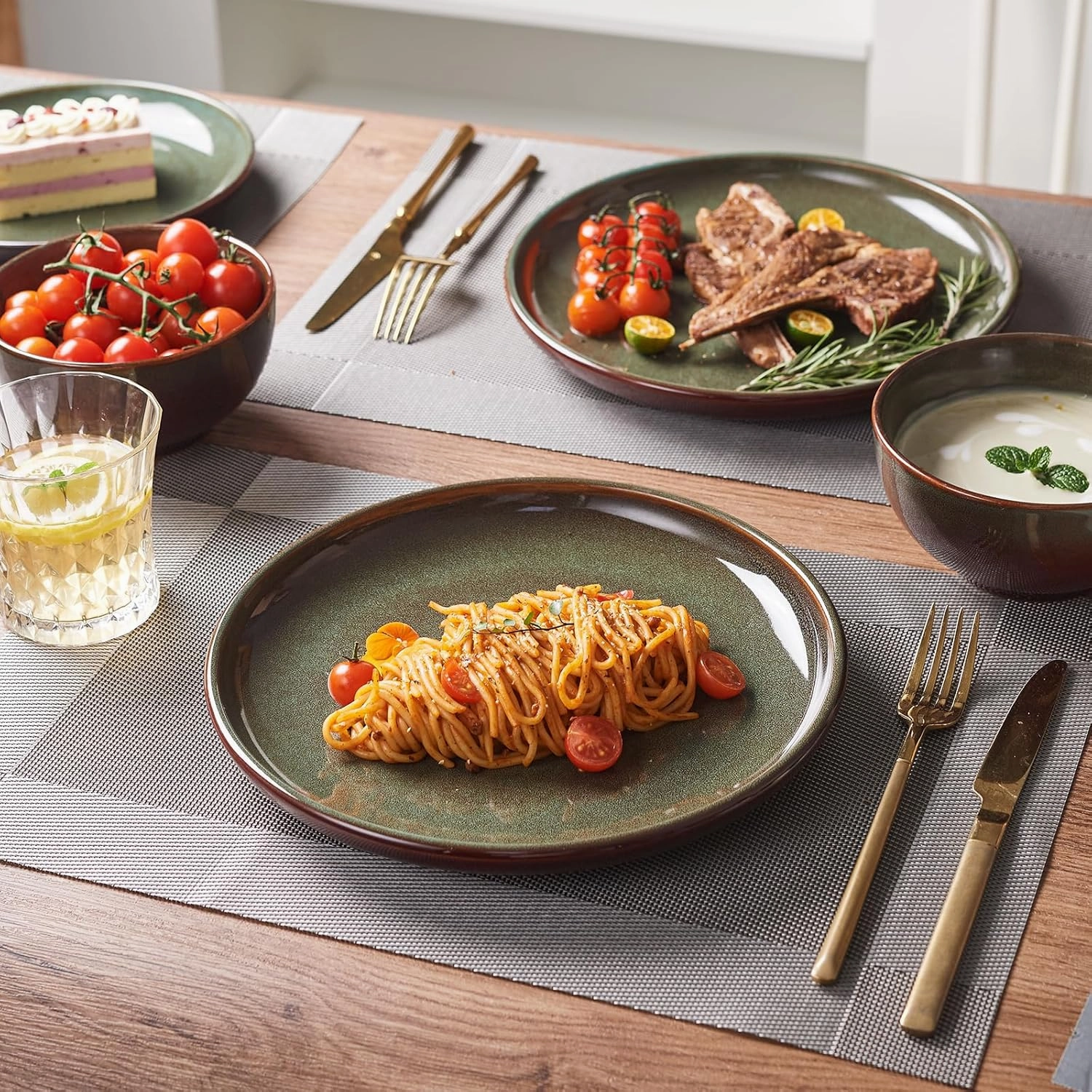 24 Piece Dinnerware Sets for 8, Modern Stoneware Plates and Bowls Setst, Perfect for Family Gatherings & Holiday Celebrations, Easy Cleaning Dishes Set, Stack Compactly Dishware, Brown Green