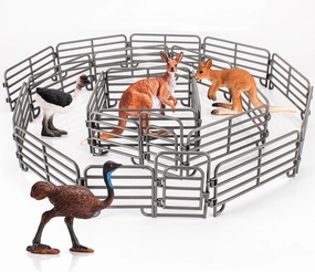 24PCS Wildlife Animals Fence Toy Accessories Playset with Kangaroo Australian Ostrich for Toddlers Kids Preschool Educational Gift Sets Farm Addition