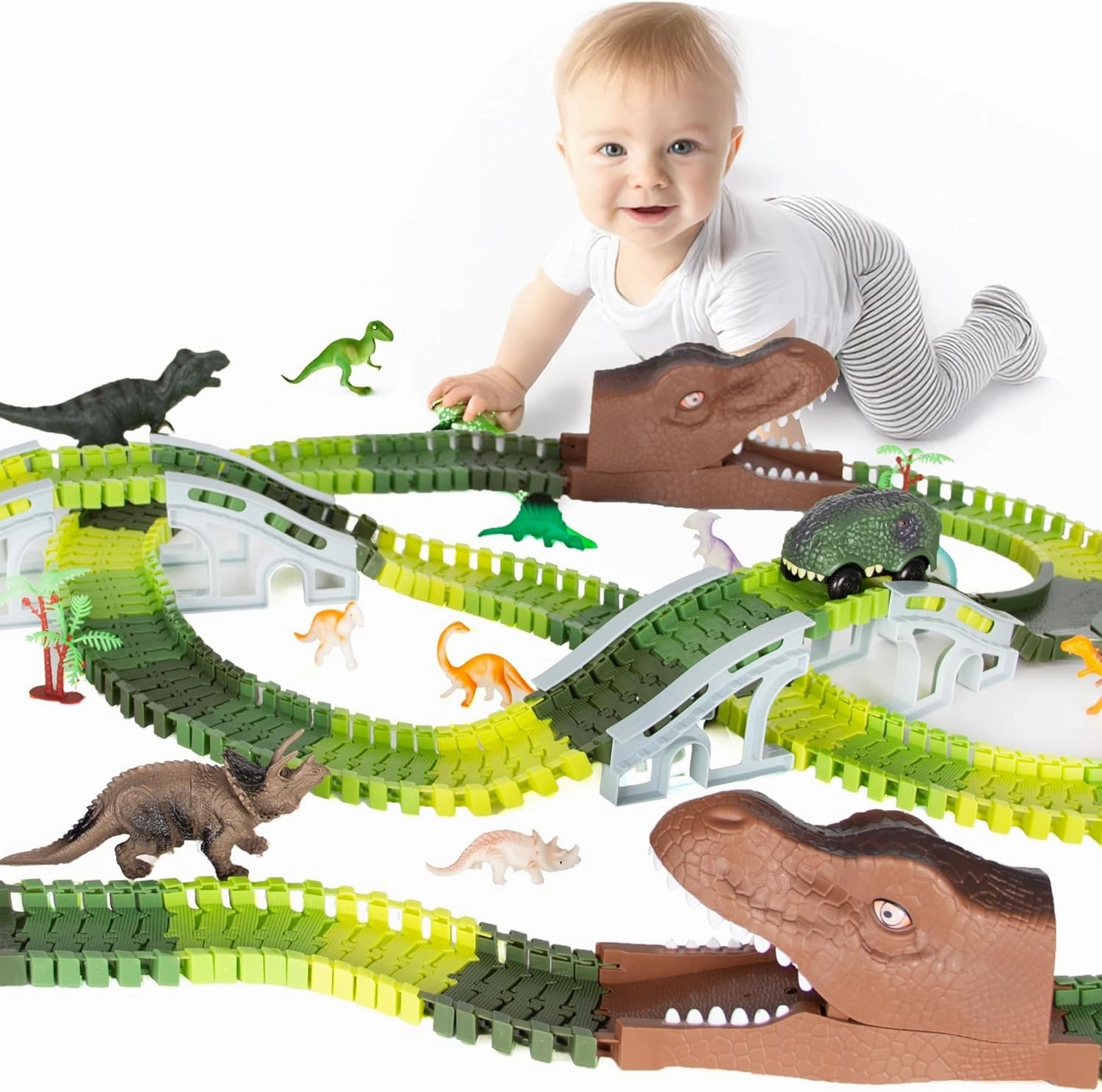 265 PCS Dinosaur Race Tracks, 10 PCS Dinosaur Toys & 1 PCS Dinosaur Car Gifts for 2 to 4 Years Old Boy and Girl, Kids Car Track Christmas Birthday Gift for Toddlers 5 to 7 Years