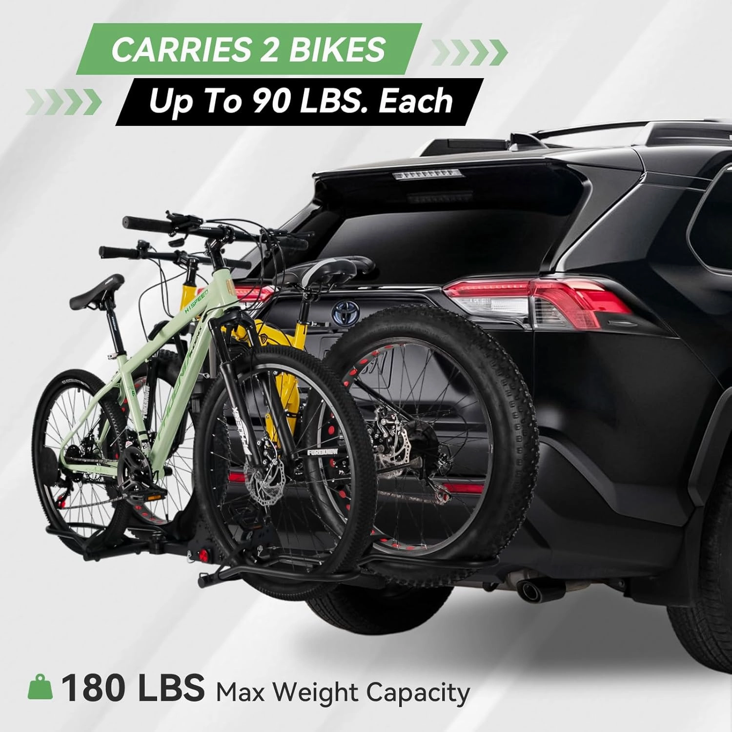 2 Bike Rack for Tow Hitch, Anti Wobble Tilting Folding Bike Carrier for MTB Road Bike Ebike Fat Tire, fits Car SUV RV Trailer and Truck, 2-Bike 180 lbs Capacity, 2-Inch Receiver