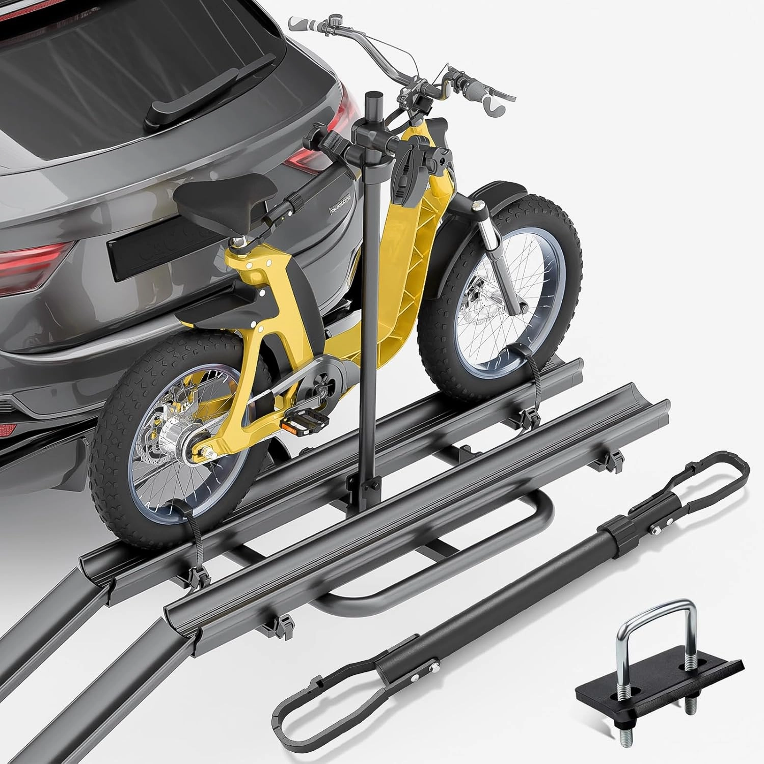 2 EBike Rack with Cross Bar & Ramp, 5" Fat Tire Carrier, Foldable & Lockable Bike Racks, 200 LBS Capacity Electric Bicycle Racks Platform, Fits 2" Standard Hitch for SUVs Cars Trucks Vans