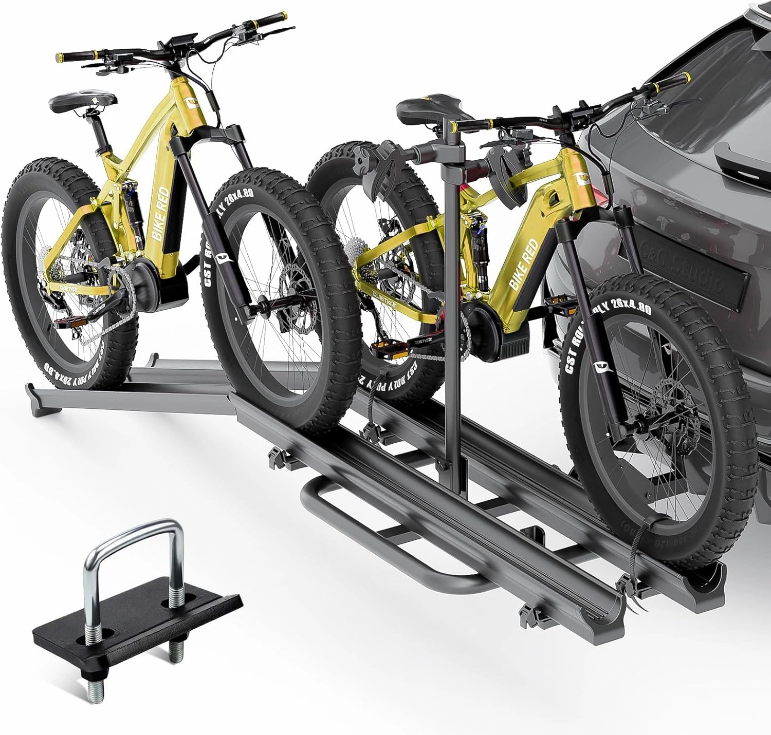 2 EBike Rack with Ramp, 200 LBS Capacity Fat Tire Carrier, up to 5" Bike Racks, Lockable & Foldable Electric Bicycles Racks Platform for Standard, Fits 2" Hitch for SUVs Cars Trucks Vans