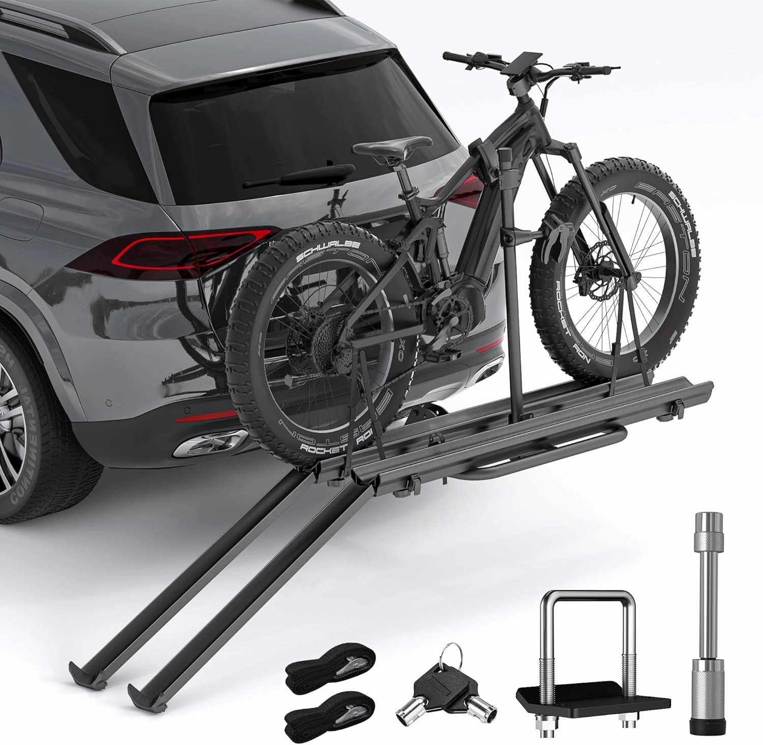 2 EBike Rack with Ramp, 2" Hitch Mounted Lockable & Foldable Bike Racks, Up to 3-5'' Fat Tire Carrier for Standard and Electric Bicycles, 200lbs Capacity E-Bike Rack for SUV Car Truck Van RV