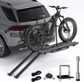 2 EBike Rack with Ramp, 2" Hitch Mounted Lockable & Foldable Bike Racks, Up to 3-5'' Fat Tire Carrier for Standard and Electric Bicycles, 200lbs Capacity E-Bike Rack for SUV Car Truck Van RV