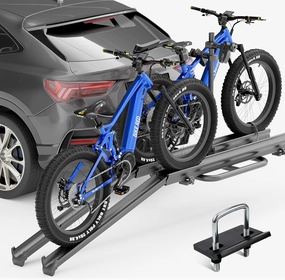 2 EBike Rack with Ramp, up to 4.8" Fat Tire Bike Carrier, 200 LBS Capacity Bike Racks, Lockable & Foldable Electric Bicycle Holder Platform for Standard, Fits 2" Hitch for SUVs Cars Trucks Vans