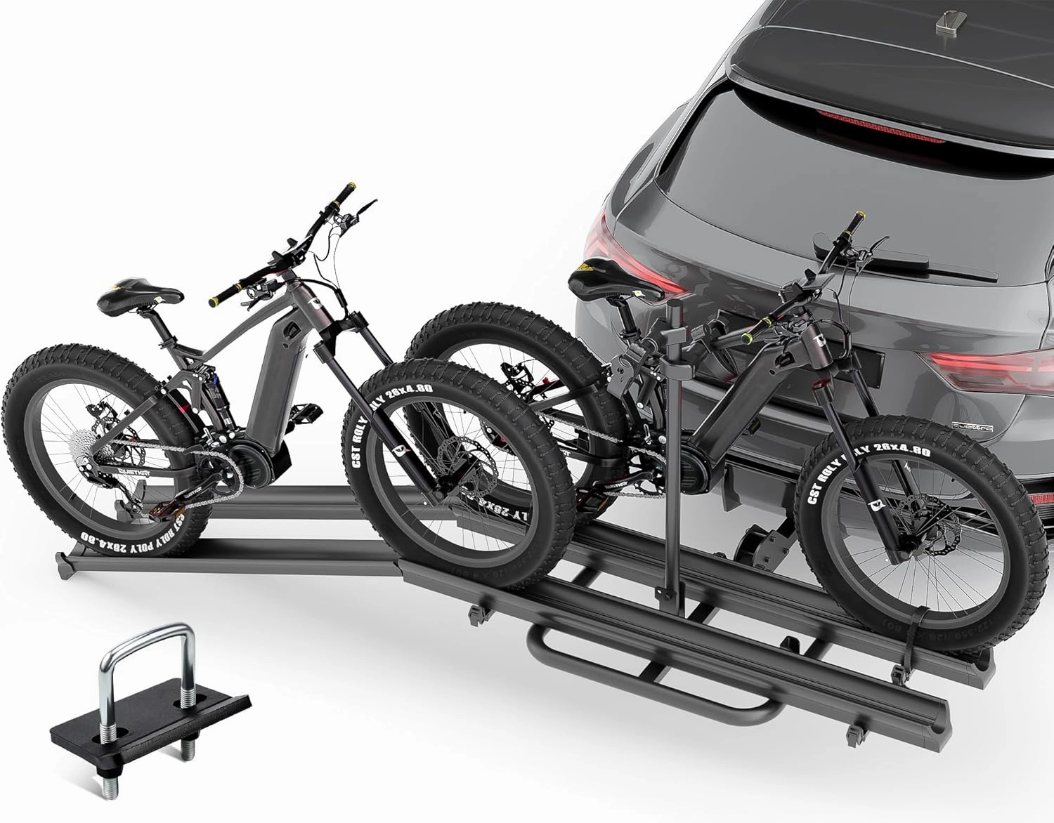 2 EBike Rack with Ramp, up to 4.8" Fat Tire Carrier, 200 LBS Capacity Electric Bicycles Racks, Lockable & Foldable Bike Racks Platform for Standard, Fits 2" Hitch for SUVs Cars Trucks Vans