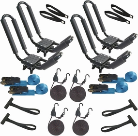 2-Pack Kayak Roof Rack Carrier - Heavy-Duty J-Style Crossbar Mount for Kayak/Canoe/Surf Ski (75lb Capacity), Includes 4 Ratchet Tie-Down Straps & Rust-Resistant Hardware (Fits Square/Oval/Flat Bars)