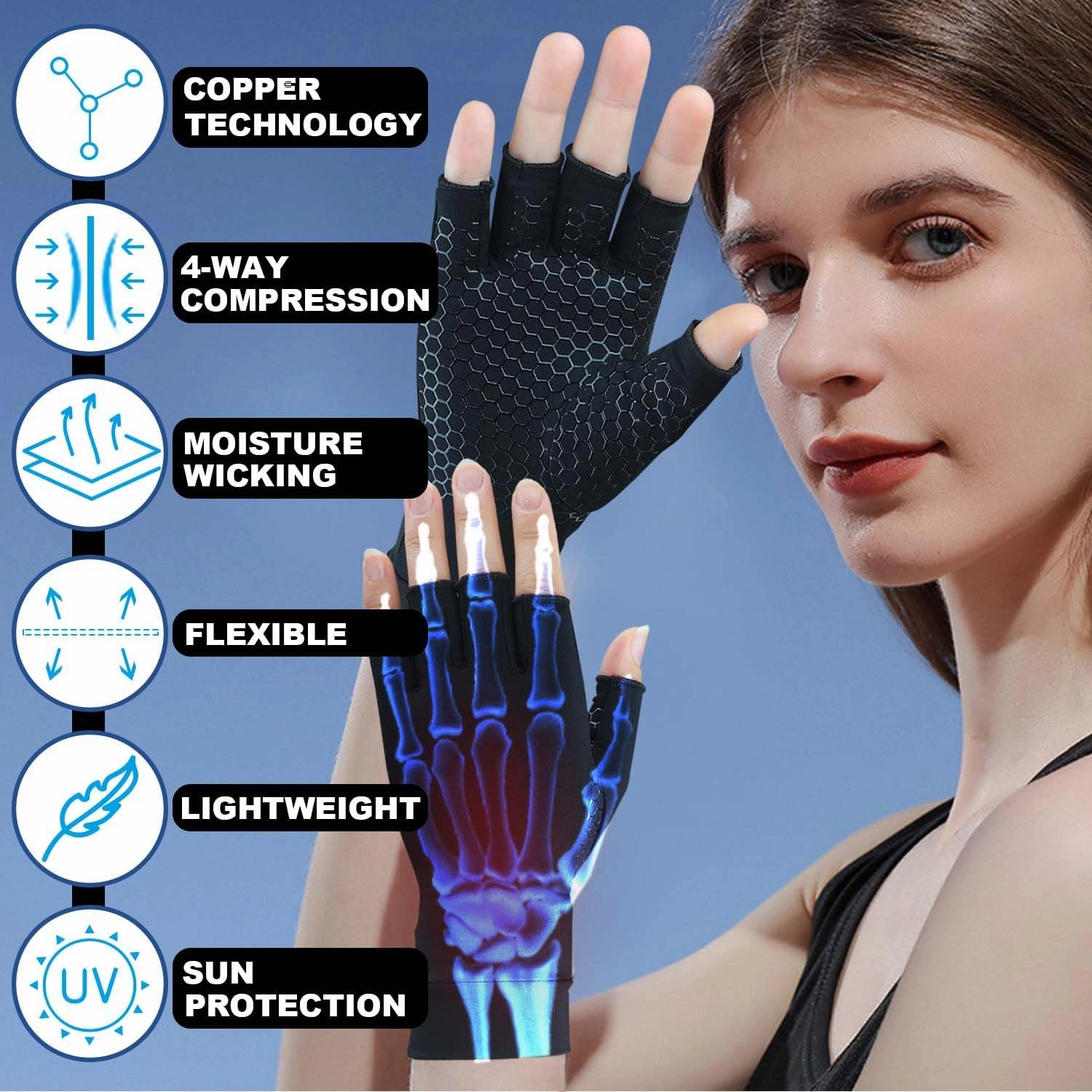 2 Pairs Copper Arthritis Gloves for Carpal Tunnel Pain Relief, Compression Gloves to Alleviate Hand Pain, Swelling, Fingerless Computer Typing Gloves for Rheumatoid, Tendonitis Women & Men (Medium)