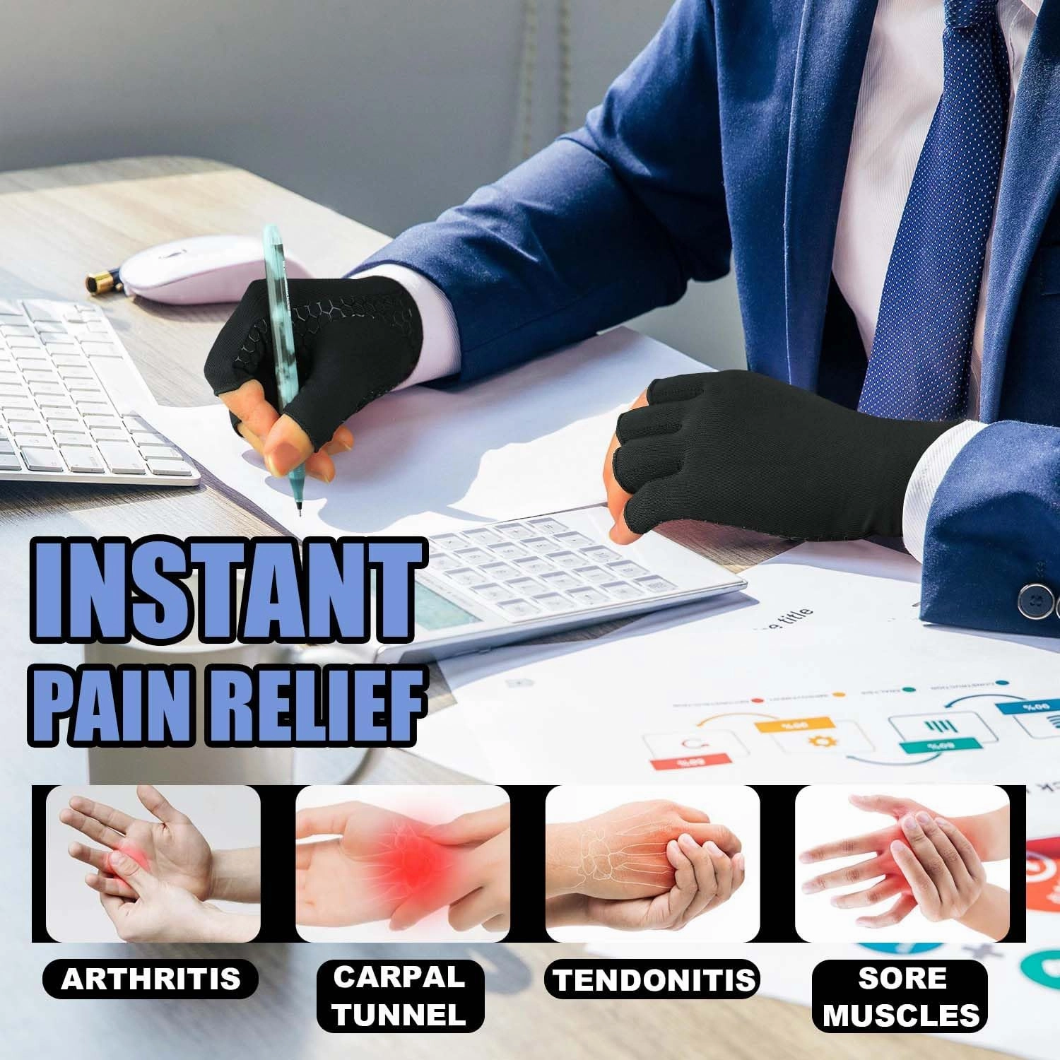 2 Pairs Copper Arthritis Gloves for Carpal Tunnel Pain Relief, Compression Gloves to Alleviate Hand Pain, Swelling, Fingerless Computer Typing Gloves for Rheumatoid, Tendonitis Women & Men (Medium)